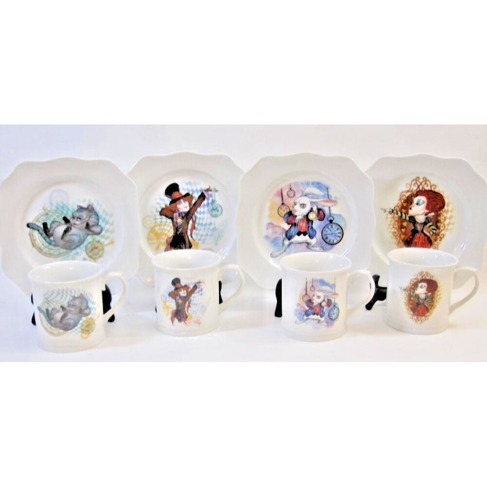 Disney Tea Set Alice Through The Looking Glass 4 Mugs 4 Plates NEW